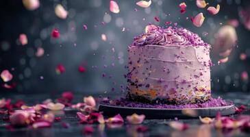 Purple Cake With Falling Rose Petals on a Dark Background photo