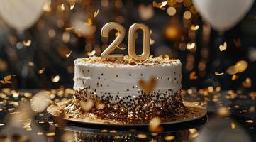 Golden 20th Anniversary Cake With Confetti photo
