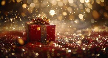 Red Gift Box Surrounded By Falling Gold Confetti photo