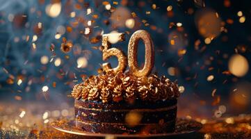 Golden 50th Birthday Cake With Confetti photo