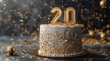 Golden 20th Anniversary Cake With Confetti photo