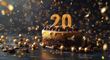 Golden 20th Birthday Cake With Confetti photo