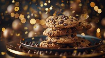 A Stack of Chocolate Chip Cookies on a Plate With Gold Confetti photo