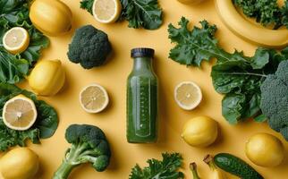 Green Smoothie Bottle Surrounded by Lemons, Spinach, and Mint Leaves on Yellow Background photo