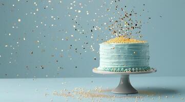 Blue Birthday Cake With Golden Sprinkles Falling on a Light Blue Background photo