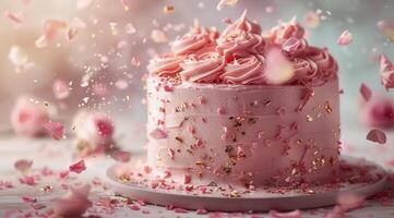 Pink Birthday Cake With Rose Petals and Sprinkles photo