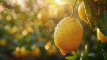 Ripe Lemon Hanging From Branch In A Lemon Orchard At Sunset photo