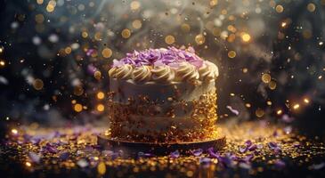 Layered Cake With Purple Petals and Powdered Sugar Falling photo