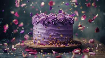 Purple Cake With Gold Flakes and Falling Rose Petals photo