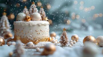 Festive Christmas Cake Decorated With Snow And Miniature Trees photo