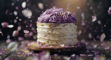 Purple Cake With Gold Flakes and Falling Rose Petals photo