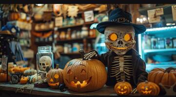 Skeleton Decorated for Halloween With Pumpkins in a Store photo