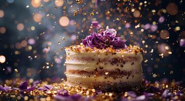 Layered Cake With Purple Petals and Powdered Sugar Falling photo