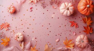 Pink Background With Fall Pumpkins and Leaves photo
