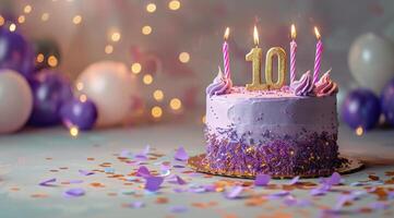 Purple and Gold Ten Year Old Birthday Cake With Candles and Confetti photo