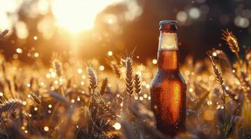 A Cold Beer Bottle in a Wheat Field at Sunset photo