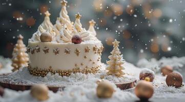 Festive Christmas Cake Decorated With Snow And Miniature Trees photo