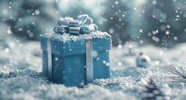 A Blue Gift Box Wrapped in Silver Ribbon Resting on a Snowy Landscape photo