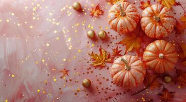 Pink Background With Fall Pumpkins and Leaves photo
