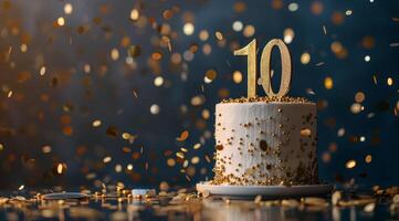 White Cake With Gold Number Ten and Confetti on Blue Background photo