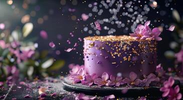 Purple Cake With Falling Rose Petals on a Dark Background photo