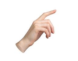 Hand pointing gesture. Index finger indicating, isolated on white background. Tap, touch sign, photo