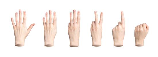 Countdown hand gesture. Finger showing from five to till one, zero. Counting numbers, isolated sign. photo