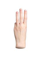 Three fingers up, hand showing number 3. Isolated sign, gesture on white background. Counting digits photo