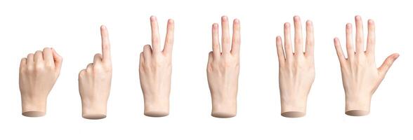 Hand showing fingers counting. One, two, three, four, five numbers isolated. Gestures for count, photo