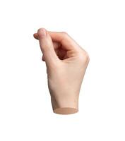 Pinched hand gesture, sign, thumb and index finger holding something invisible isolated on white photo
