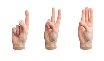Hand counting fingers, one, two, three. Isolated sign, gesture showing quantity, score, number. photo