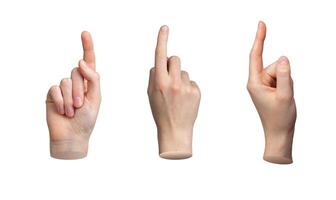 Hand gesture, pointing indicating sign from different views Pointer isolated on white background, photo