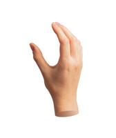 Hand holding with fingers, showing something invisible. Isolated on white. Measuring size, empty photo