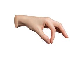 Hand gesture, sign, thumb and index finger holding invisible thin thing isolated on white photo