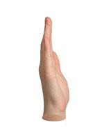 Straight vertical hand gesture, held upright in chop salute signal Side view, isolated on white photo