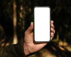 Hand holding mobile phone screen mockup in nature, sunny day. photo