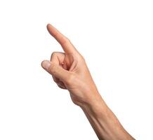finger pointing, hand gesture, sign isolated on white background, side view photo