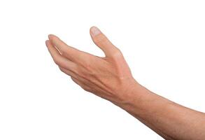 Hand palm open stretching reach outstretched. Empty out give hold white gesture isolated. Show side photo