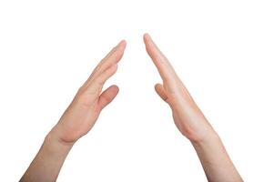 Hands gesturing with open palms, fingers and human skin. Body part isolated on white background, photo