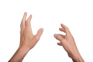 Hand reaching out, point of view POV perspective, isolated on white background. Gesture indicating photo
