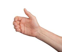 Hand holding an invisible object, isolated on white. Caucasian male hand in a gesture of giving or photo