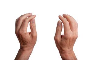 Two hands grasping, isolated on white background. Gesture indicating grabbing or catching something photo