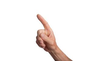 Hand reaching out with open fingers, isolated on white background. Gesture indicating selection or photo