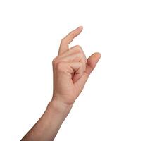Hand showing a small measurement using thumb and index finger, isolated on white background. Gesture photo