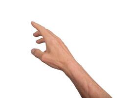 Hand reaching out with open fingers, isolated on white background. Gesture indicating grasping or photo