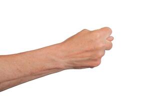 Fig sign, thumb gesture arm, hand symbol signal finger background. Hold close up isolated white. photo