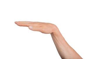 Hand gesturing with palm horizontal, fingers isolated on white. Measurement level measure sign, photo