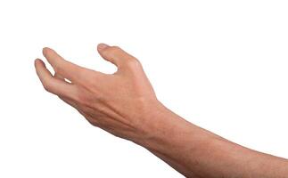 Hand open stretching reach outstretched isolated gesture. Empty out give hold white show. Side photo