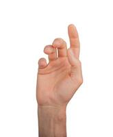 Touching finger pointing, hand gesturing. Clicking index finger isolated, arm button direction. photo