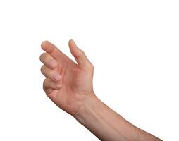 Hand holding an invisible object, isolated on white. Gesture of giving or grabbing. Drip sign photo